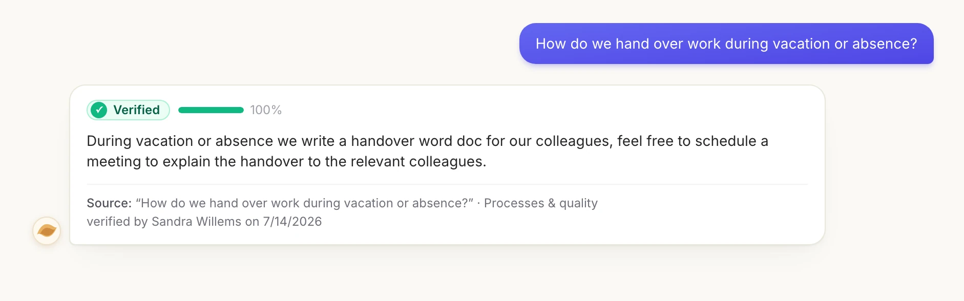 Duna answering “How do we hand over work during vacation or absence?” with a green Verified label, 100% confidence, the source Q&A and the name and date of the expert who verified it.